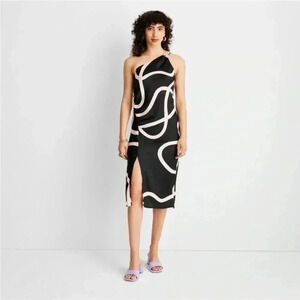 NWT Women's Abstract One Shoulder Slit Midi Dress - Alani Noelle Black/White L